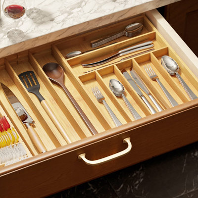 Organisateur de tiroir en bambou avec ustensiles de cuisine et porte-plateau extensible (naturel, 10 fentes)