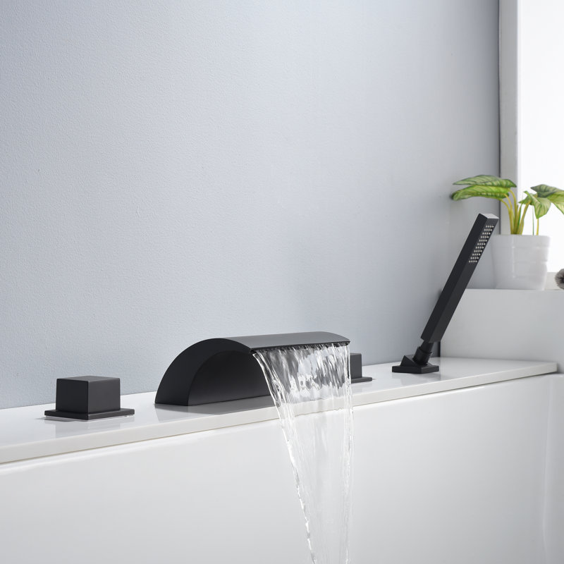 SUMERAIN High Flow Waterfall Double Knob Handle Roman Tub Faucet with Diverter and Hand Shower, Matte Black, Matte Black