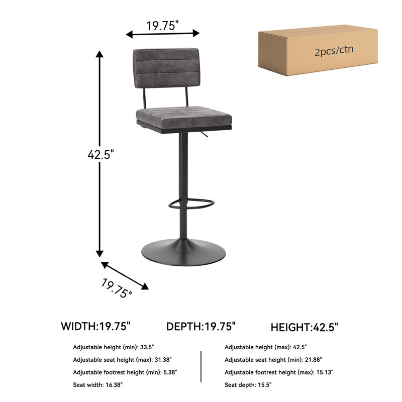 Lainah Swivel Upholstered Faux Leather Adjustable Height Counter Stool, Gray