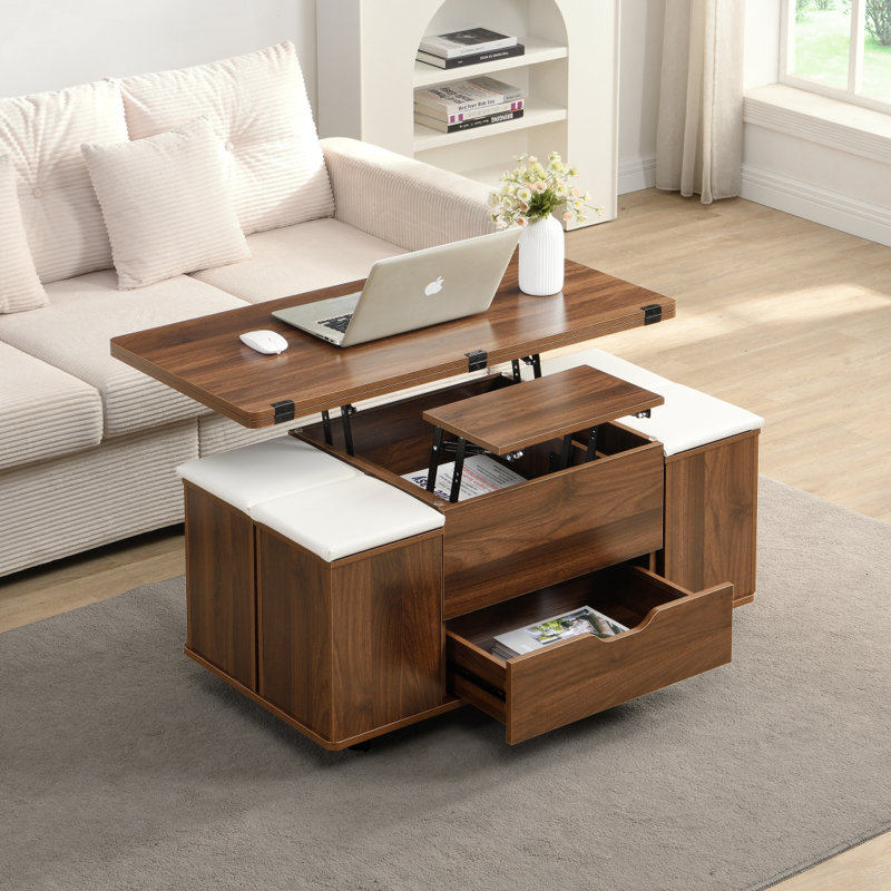 Elviera Multi-Functional Lift-Top Coffee Table With Hidden Storage, 4 Stools, And Lockable Wheels, Walnut