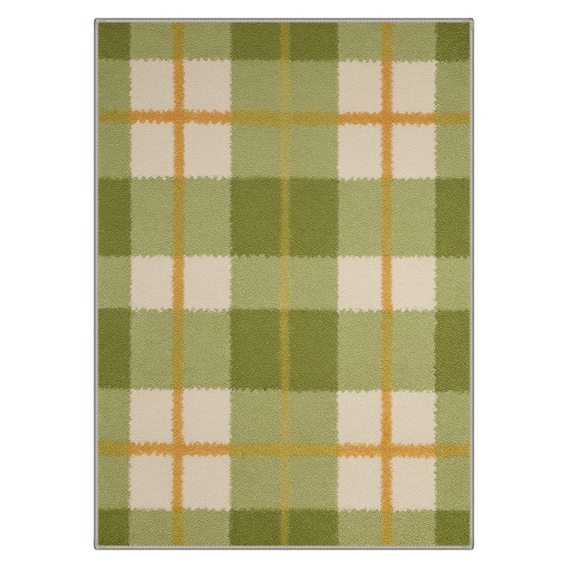 Modern Checkered Machine Washable Green / Beige / Orange Indoor Area Rug with Non-Slip Backing, Rectangle 8' x 10'