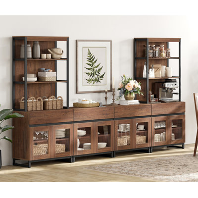Modern Farmhouse Buffet Cabinet With 3 Tiers And 4 Cabinets, Wooden Sideboard With 4 Drawers And Glass Doors For Dining Room Or Kitchen
