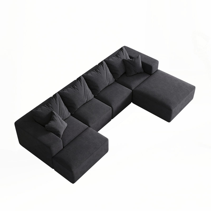 Ensemble de canapé modulaire modulaire en forme de L de 132 po avec 6 coussins, Noir