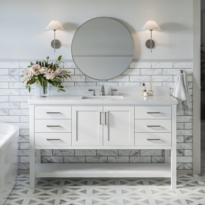 Moille 61" Single Bathroom Vanity in White, with 1.5 Pure White Quartz Top, Rectangle Sink