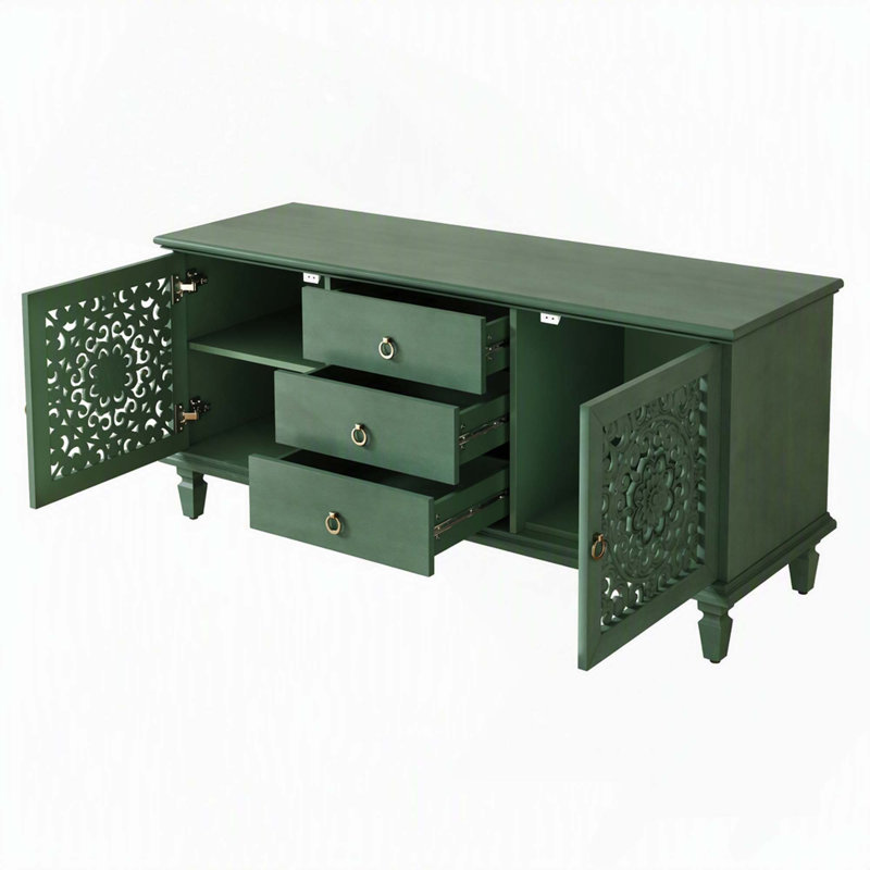 Meuble télé de style campagnard vintage avec portes sculptées, tiroirs et étagères réglables, Vert antique