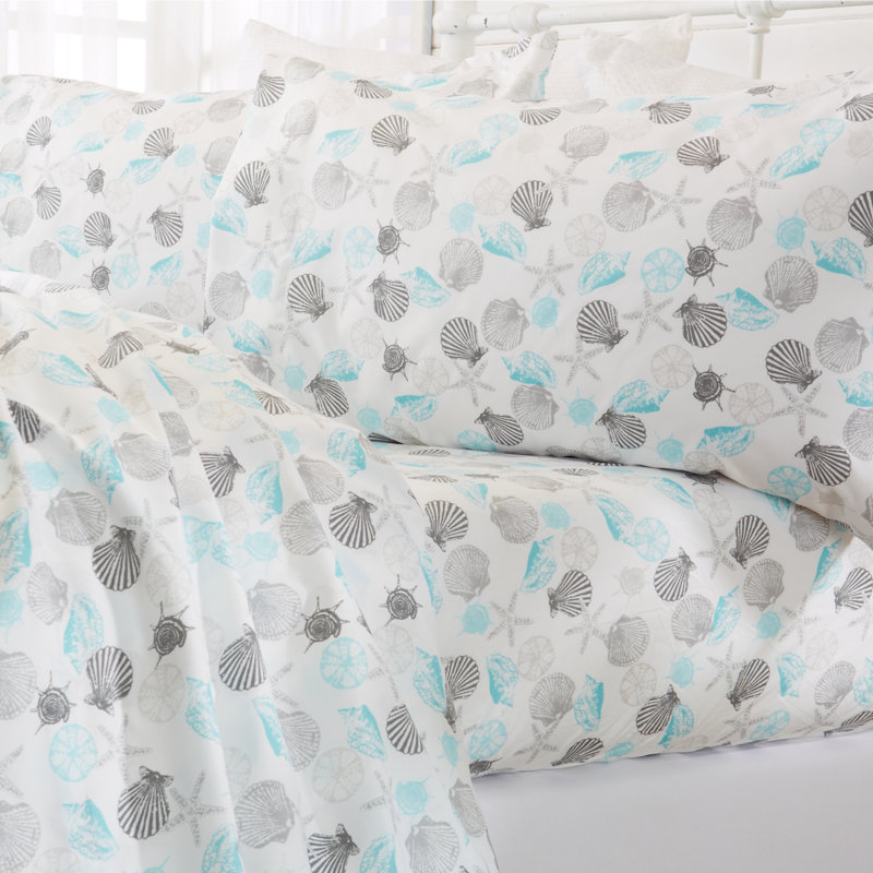 Ultra Soft Coastal Printed Microfiber Sheet Set, Full Sheet Set with Fitted Sheet and 2 Pillowcases, Seashell