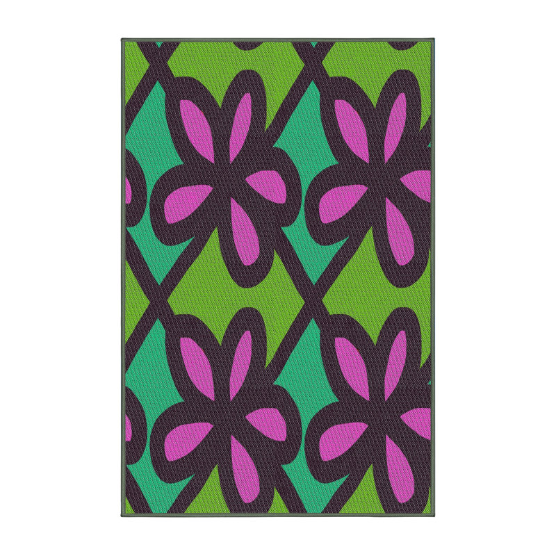 Tapis vert/rose/bleu à motif, Rectangle 4 pi x 6 pi
