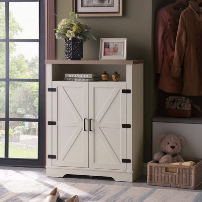 Armoire de rangement pour chaussures à 6 niveaux, armoire de rangement pour chaussures Farmhouse avec tablette réglable et rangement ouvert à 2 niveaux, armoire à chaussures autoportante avec embout anti-basculement pour entrée
