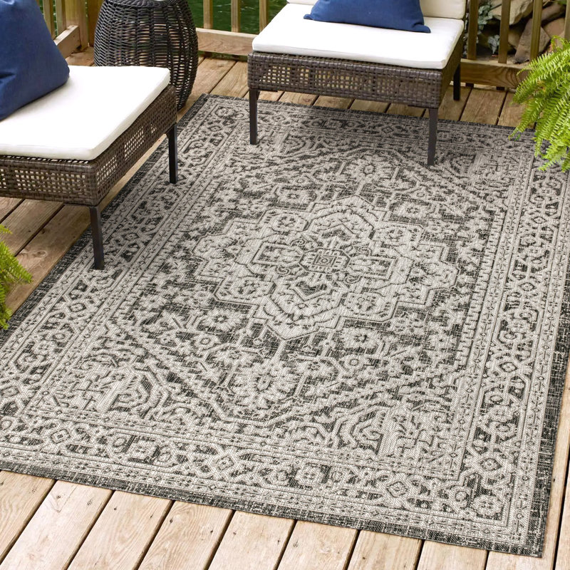 Tapis intérieur / extérieur gris / noir Moten, Rectangle 6 pi x 9 pi