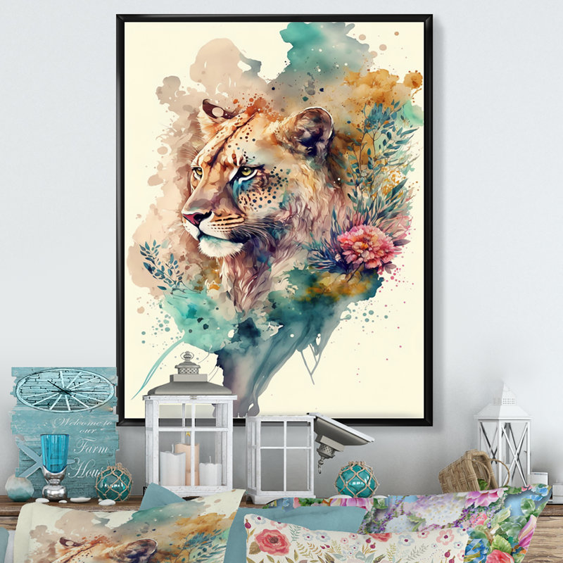 «Cute Lions Floral II», impression sur toile, H 20 po x l 12 po x P 1 po, Cadre flottant noir