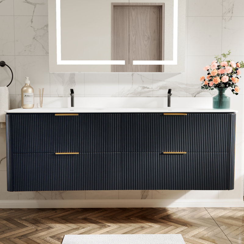 Meuble-lavabo mural de 60 po en noir avec armoire en bois massif et comptoir une pièce en acrylique, Noir, Doré, 60"