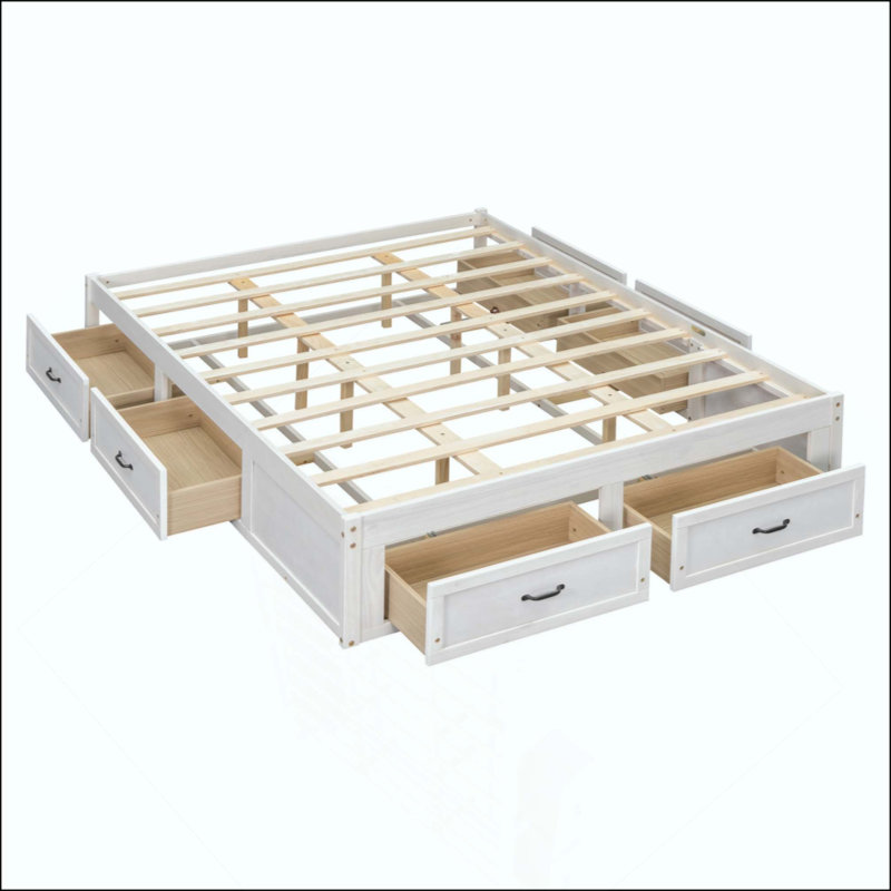Lit plateforme avec 6 tiroirs de rangement, Grand lit, Blanc antique