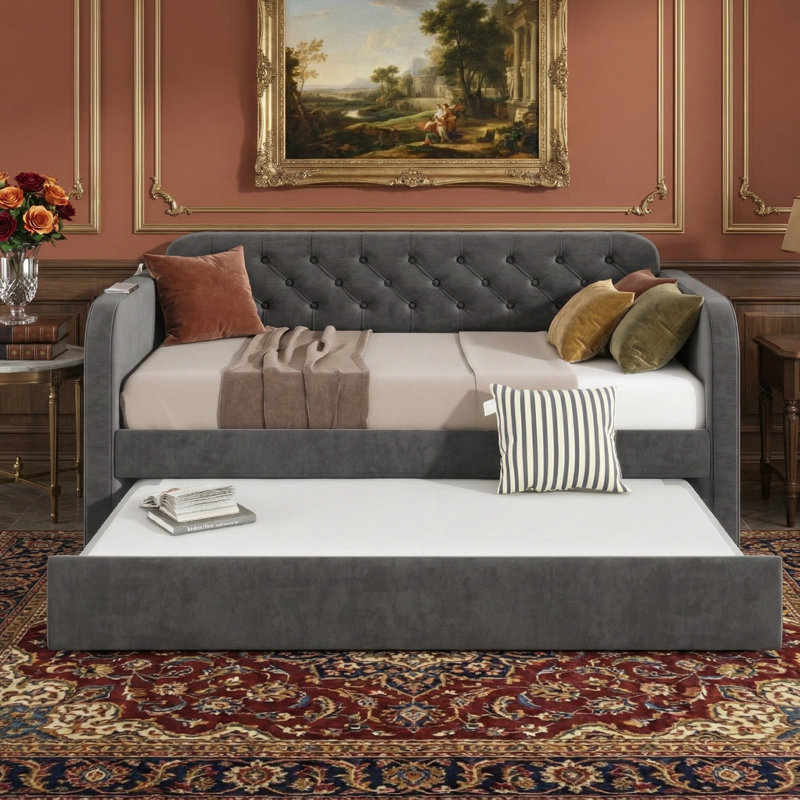 Lit de jour simple avec couchette 81,7 po L - Velours gris foncé, charge USB, capacité de 600 lb, Gris foncé