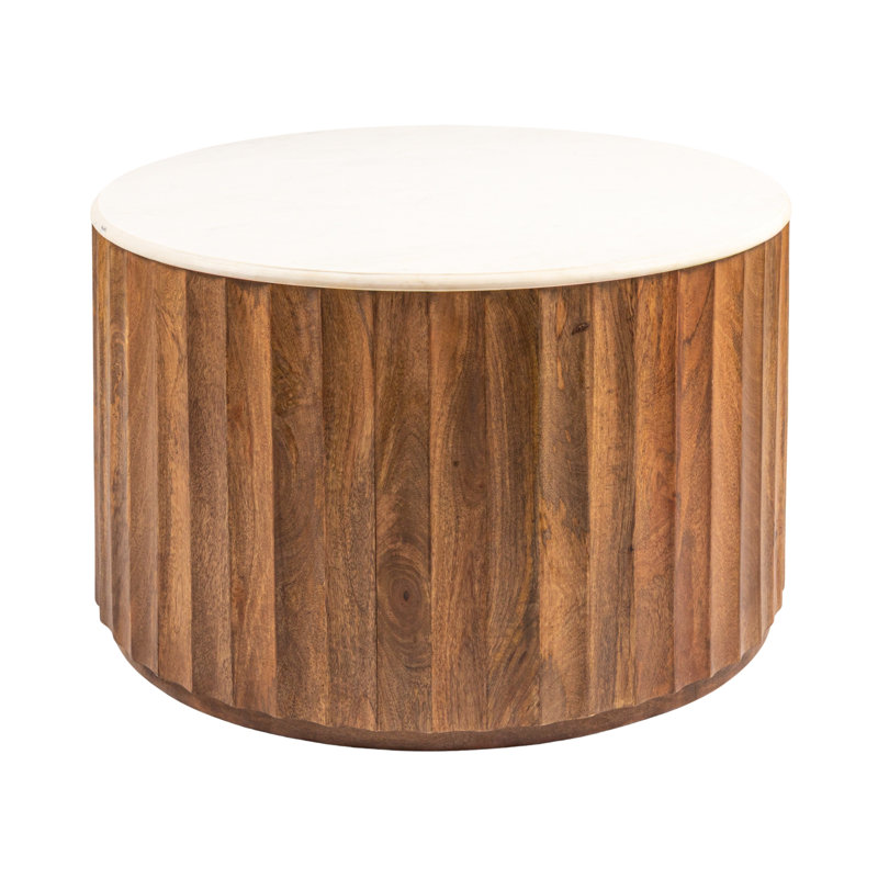 Table basse ronde en bois de manguier avec plateau en marbre, noyer, Noyer