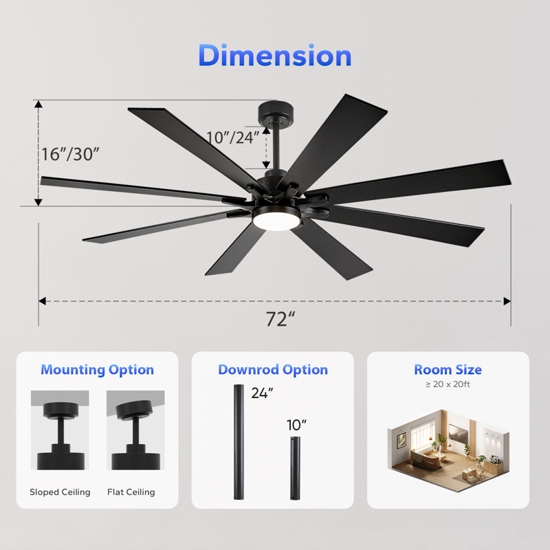 Grand ventilateur de plafond de 72 pouces avec lumière, ventilateur de plafond extérieur avec télécommande, ventilateur de plafond industriel moderne, ventilateur de plafond intérieur réversible à moteur à courant continu pour salon, véranda de patio de chambre à coucher