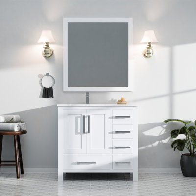36 po L x P 22 po, meuble-lavabo blanc avec comptoir en quartz décalé à gauche, robinet, 34 miroirs, comptoir à gratter
