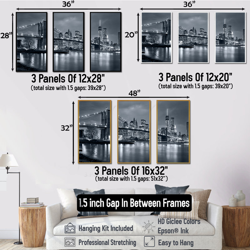 «Panorama New York City At Night - Cityscape», ensemble d'art mural sur toile encadré, H 28 po x l 36 po, Érable