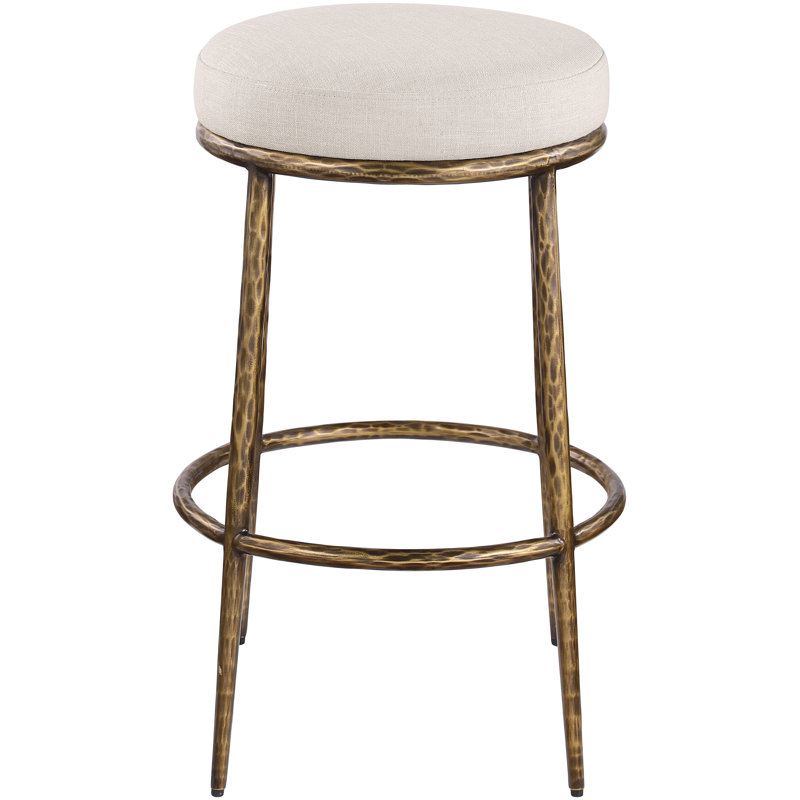 Tabouret de bar rembourré Ferro, Laiton, Tissu performance beige