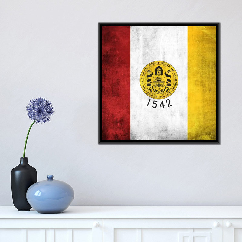 « san diego flag, grunge », impression sur toile, H 18 po x l 18 po x P 1,5 po, Toile avec cadre noir, Pas de tapis