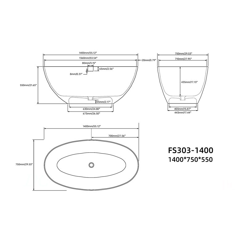 55" Premium Solid Surface Deep Soaking Bathtub, Matte White