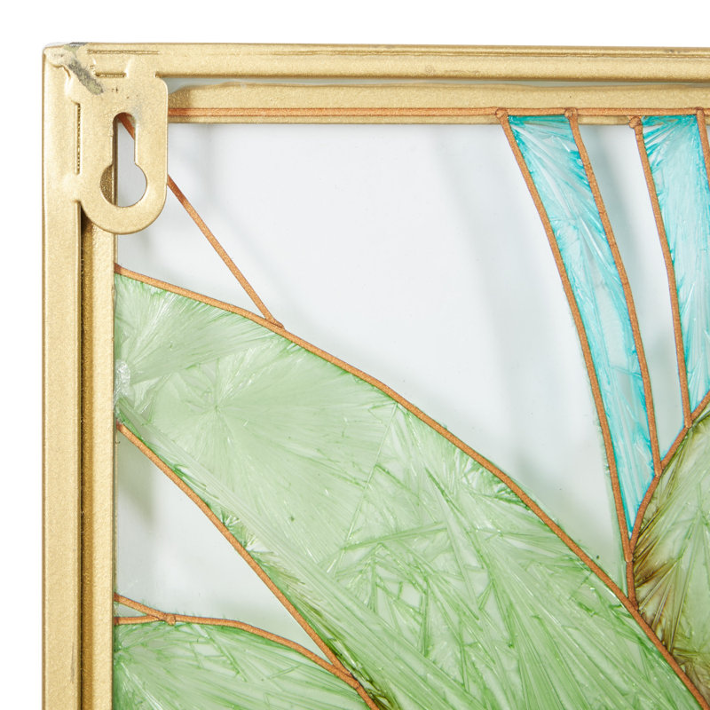 Green and Gold Tropical Leaf Tiffany Glass Framed Wall Decor Set