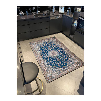 Tapis décoratif à motif géométrique bleu et gris lavable à la machine