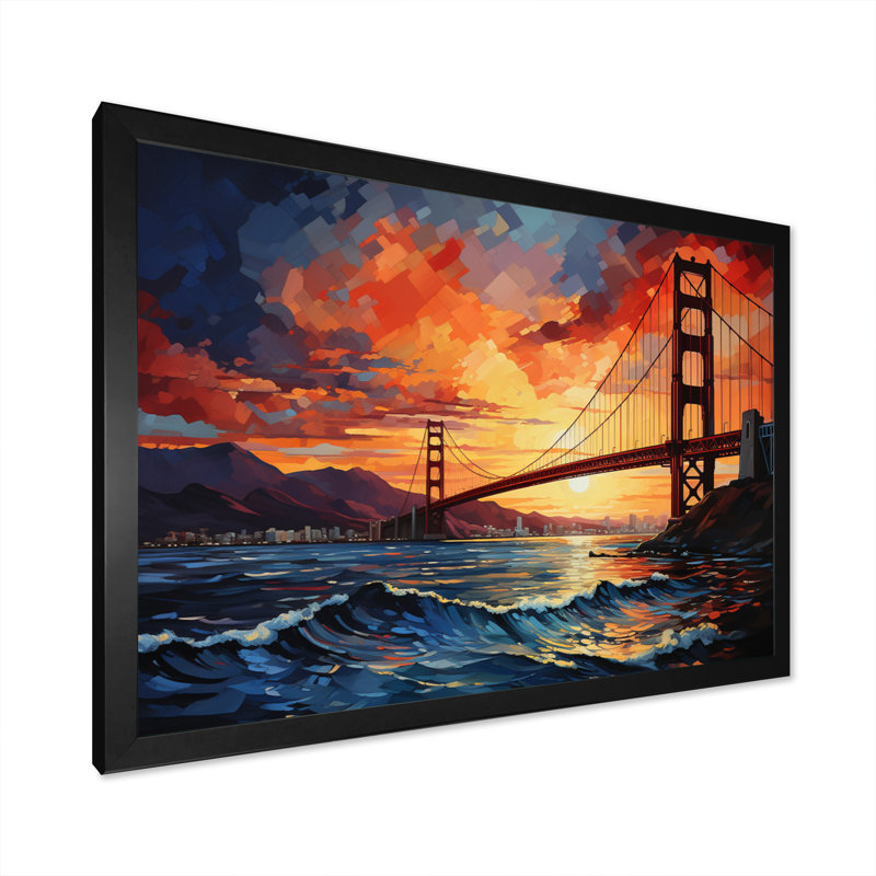 «Orange Bridge Golden Gateway I», impression d'art mural, H 34 po x l 44 po x P 1,5 po, Cadre photo noir