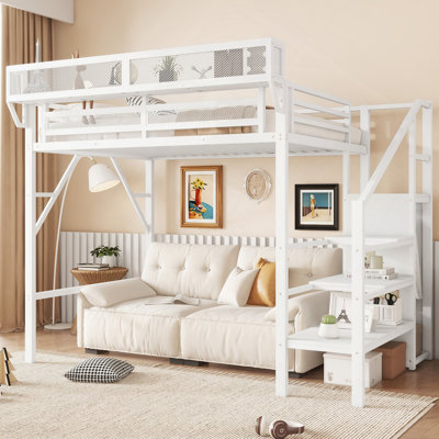 Lit mezzanine avec escalier, lit mezzanine double en métal avec tablettes de rangement, lit mezzanine haut avec garde-robe