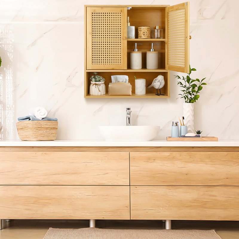 Armoire murale de salle de bain en bambou avec tablettes et portes