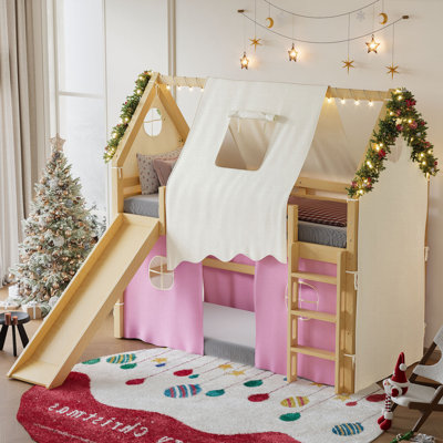 Twin Size House Loft Bed With Sills And Tents, Solid Wood Loft Bed With Ladders And Slide, Chic Design With Lights, No Box Spring Needed, Natural+pink