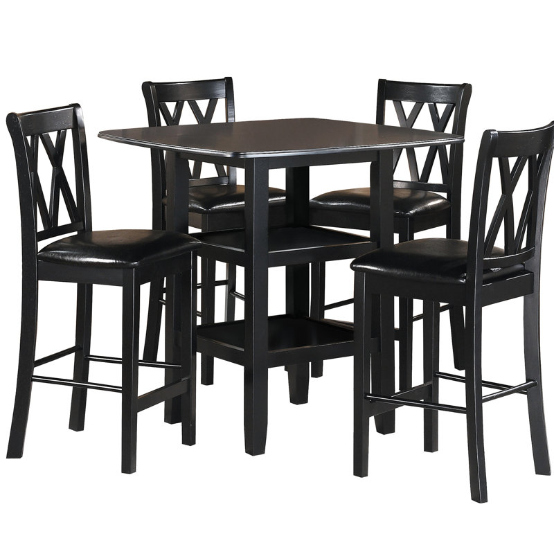 Table de salle à manger à hauteur de comptoir avec table noire et 4 options de chaises rembourrées en similicuir 5 pièces: tablettes et chaises