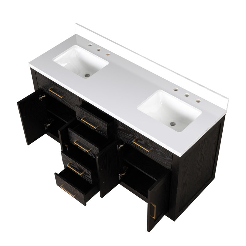 Meuble-lavabo double en chêne noir 60 po X P 22 po D, avec plateau en quartz blanc