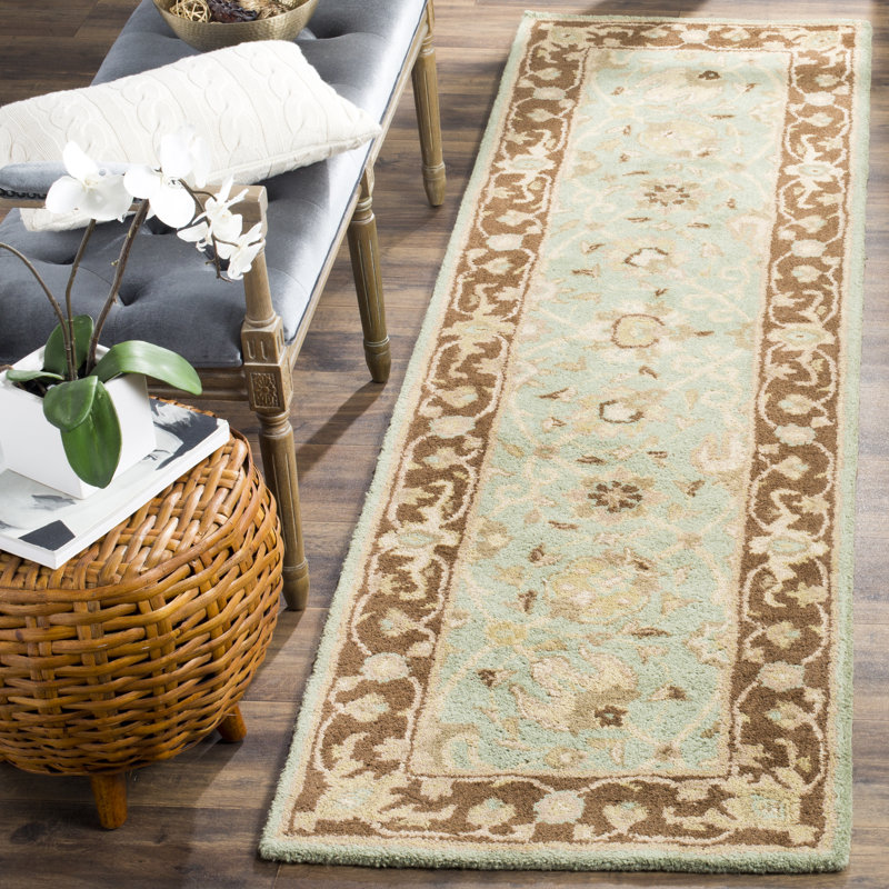 Tapis vert / brun en laine touffeté à la main Dunbar, Tapis de couloir 2 pi 3 po x 8 pi