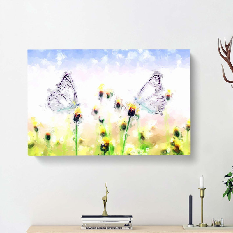Two Butterflies upon Yellow Flowers in Abstract - Wrapped Canvas, 50cm H x 76cm W x 3cm D