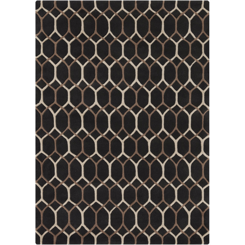 Tapis en laine touffeté à la main à motif de cercles géométriques noirs et bruns Preston Authentic, 5 pi x 7 pi