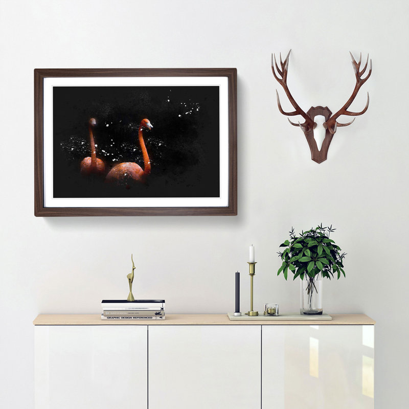Pink Flamingos Paint Splash - Picture Frame Graphic Art, 33cm H x 45cm W x 2cm D, Walnut Framed