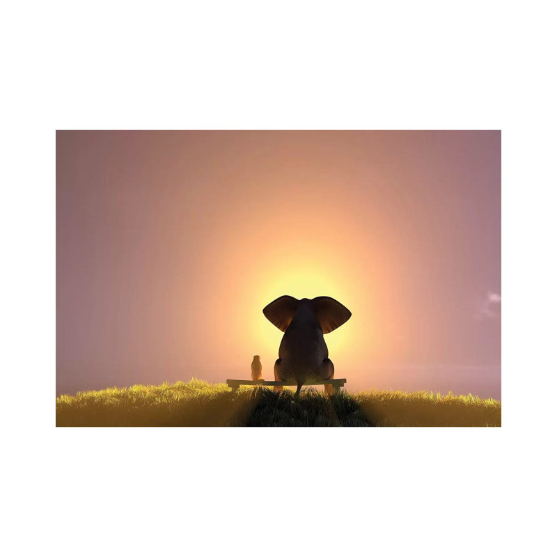Elephant And Dog Sit On A Bench And Watch A Foggy Sunrise by Mike Kiev - Wrapped Canvas Print, 20.32 cm H x 30.48 cm W