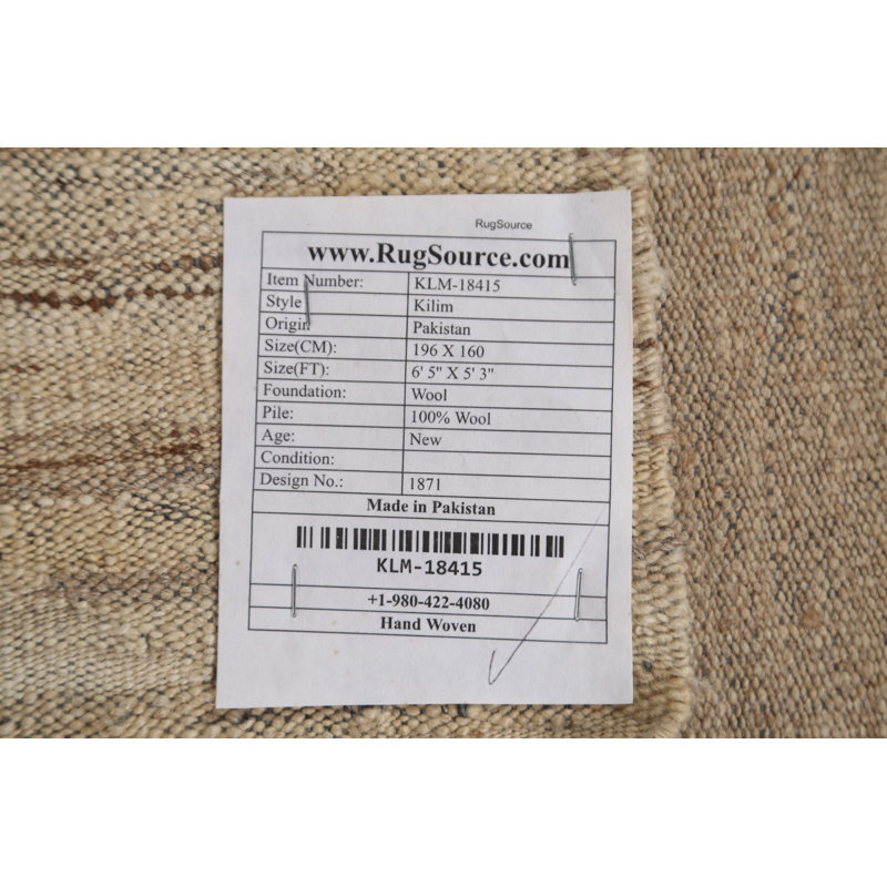 Tapis crème / brun en laine noué à la main de conception unique 5 pi 3 po x 6 pi 5 po New Age