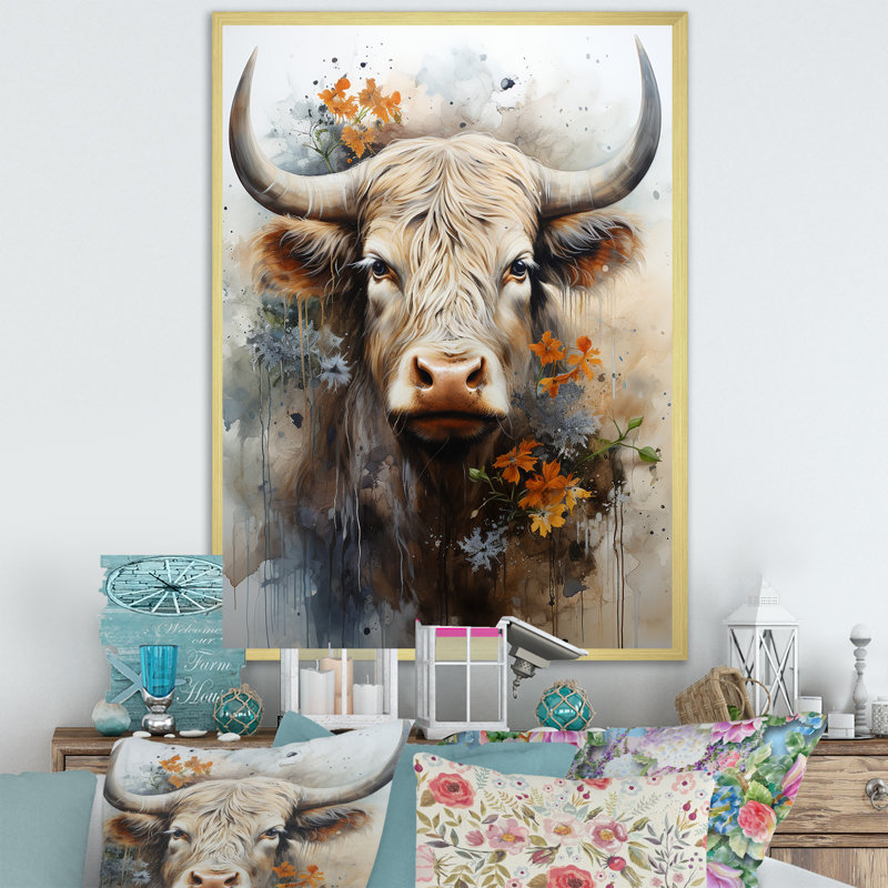 Profil floral de yak sur toile, Cadre doré simple, H 20 po x l 12 po x P 1 po