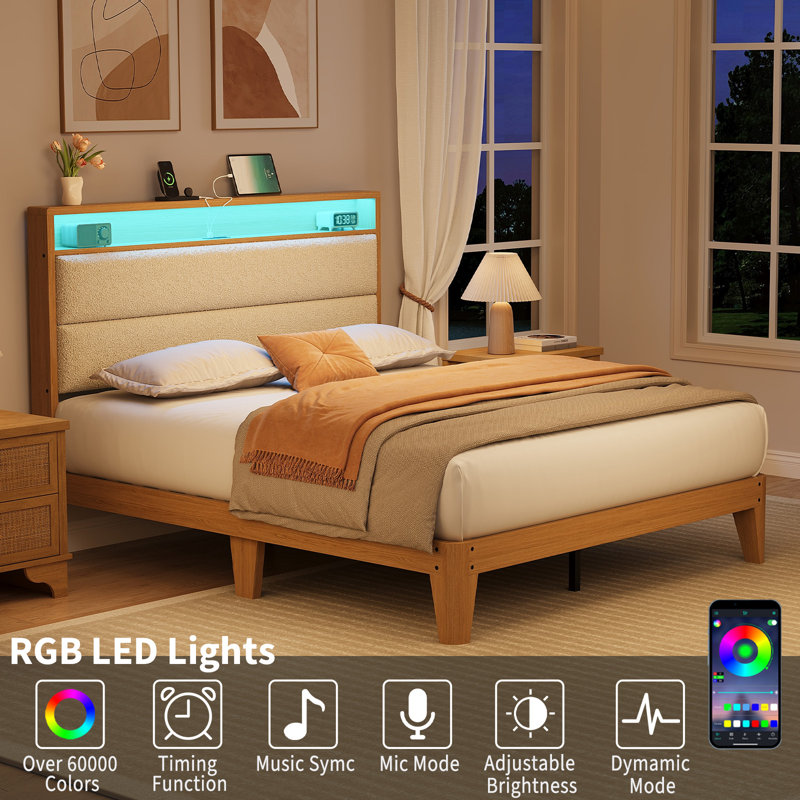 Cadre de lit grand lit avec ports de charge et lumières DEL, cadre de lit Boucle avec tête de lit à rangement complet, support robuste sans bruit, beige