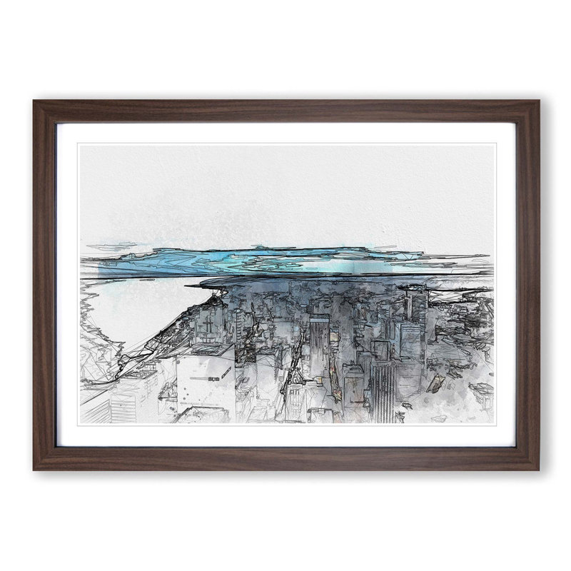 The Seattle Washington Skyline in Abstract - Picture Frame Graphic Art Print, 50cm H x 76cm W x 2cm D, Walnut