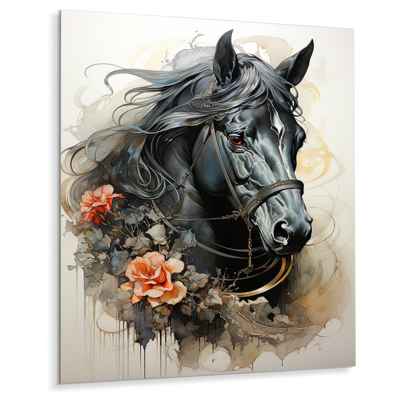 Portrait de cheval floral noir - décoration murale cheval, H 32 po x l 24 po x P 1 po