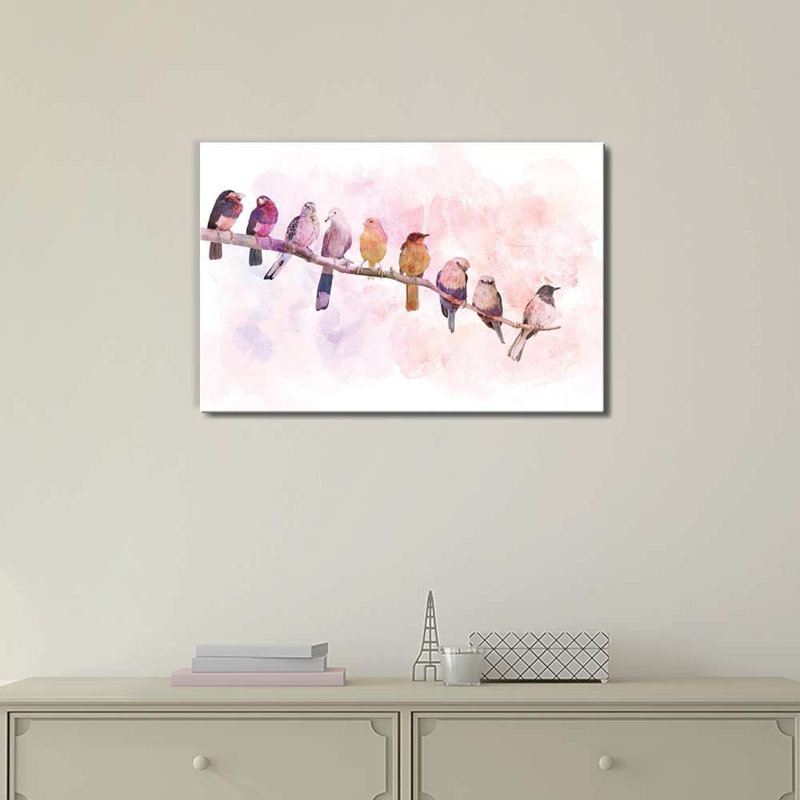 Rangée d'oiseaux reposant sur une branche sur une aquarelle sur toile, H 12 po x l 18 po x P 1,5 po