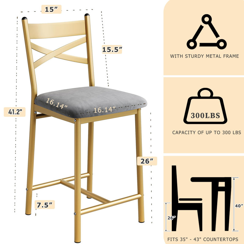 Ensemble de 6 tabourets de bar à structure en métal doré, chaises de salle à manger rembourrées en cuir de polyuréthane de 26 po avec dossier pour le bar de la cuisine et de la maison