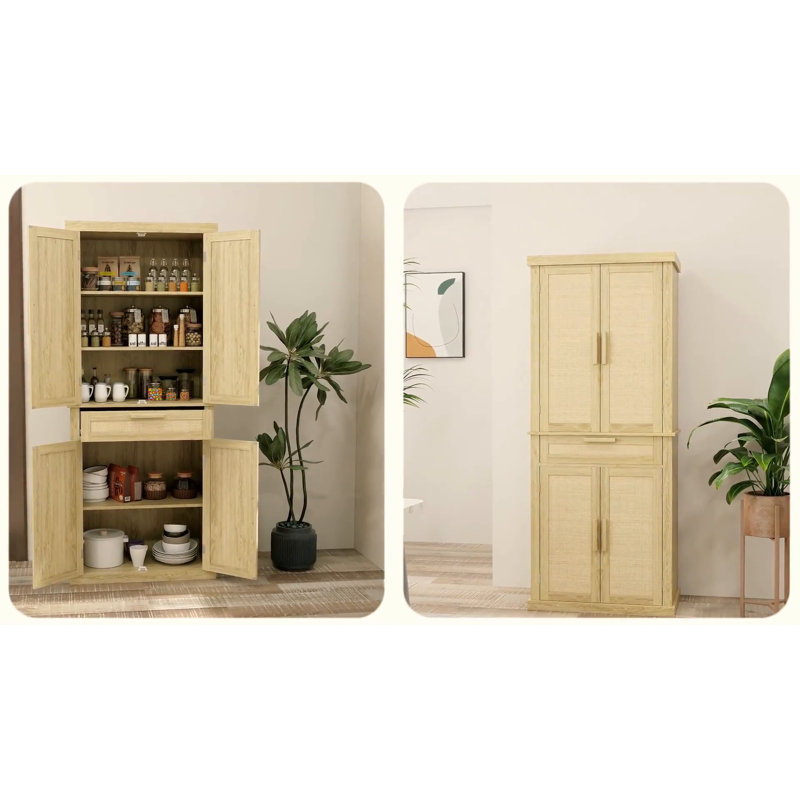 Oak and Rattan 72" Tall Kitchen Pantry Storage Cabinet