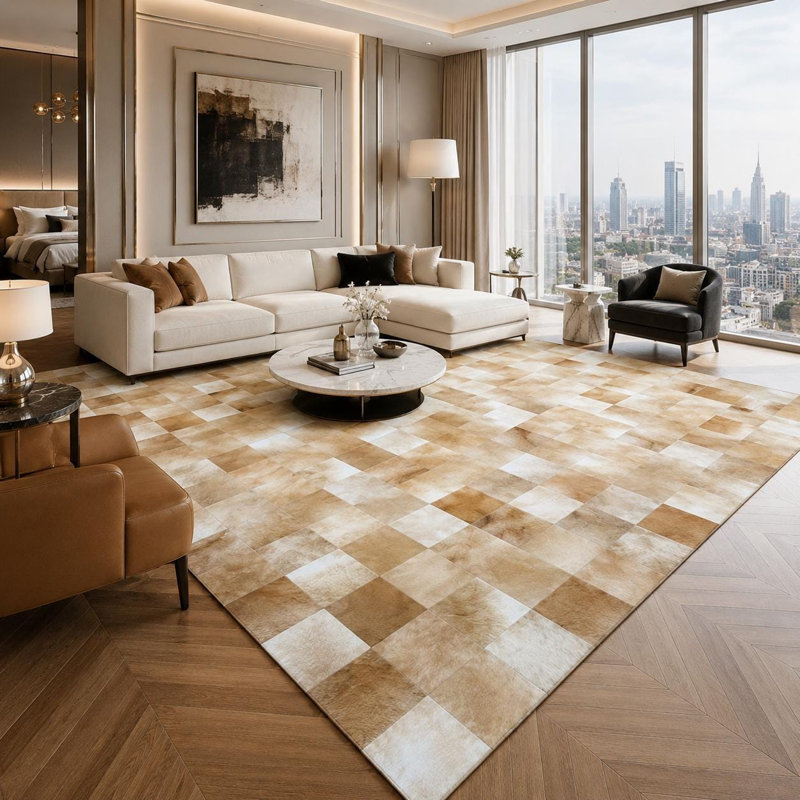 Tapis en cuir de vache patchwork fait à la main, tapis en cuir véritable, tapis aux tons neutres, Tapis de couloir 2,5 x 8 pi