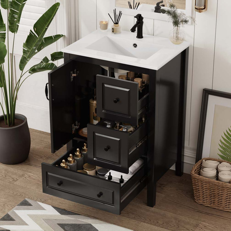 Meuble-lavabo avec lavabo, armoire et tiroirs, Noir