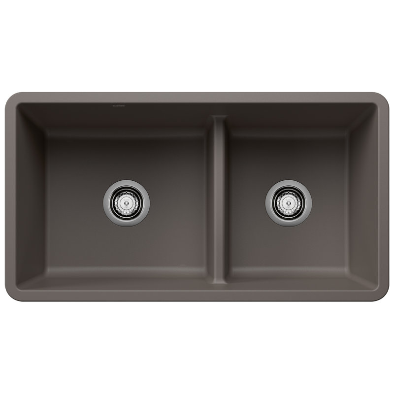 Precis SILGRANIT 33" L x 18" W Double Bowl Undermount Kitchen Sink with Low Divide, Truffle
