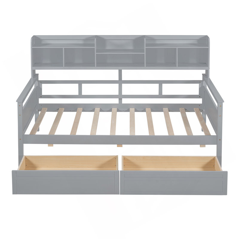 Lit de jour simple, support en lattes de bois, avec tablettes de chevet et deux tiroirs, gris