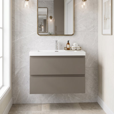 Meuble-lavabo mural de 76 cm (30 po) en gris, armoire en mélamine imitation bois, lavabo intégré en résine et tiroirs à fermeture amortie, entièrement assemblé.